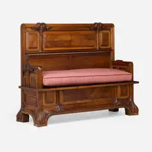 Bench with foliate details by Louis Majorelle, c. 1900, mahogany, upholstered cushion, sold Apr 2025