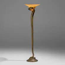La Tentation floor lamp by Edgar Brandt and Daum, c. 1925, patinated bronze, molded glass, sold Apr 2025
