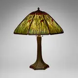 Handel, Cattail overlay table lamp, c. 1915, painted slag glass, patinated metal