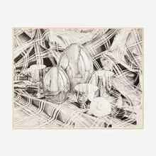 Two Cups with Two Reflective Eggs by Jeanette Pasin Sloan, 1981, graphite on paper, sold Apr 2023