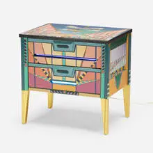 Therese Edson and Alan Olson, Spire cabinet, 1987, hand-painted enamel and gold leaf on wood, glass neon tubing