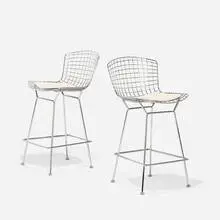 Stools, pair by Harry Bertoia, 1962 / 2018, chrome-plated steel, vinyl, sold Apr 2022