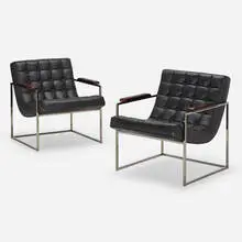 Lounge chairs, pair by Milo Baughman, c. 1965, leather, chrome-plated steel, beech, sold Apr 2022