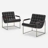 Milo Baughman, Lounge chairs, pair, c. 1965, leather, chrome-plated steel, beech