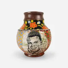Sidney Poitier vase by Roberto Lugo, 2021, glazed ceramic with slip and overglaze paint, sold Apr 2022
