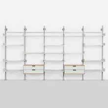 Dieter Rams, 606 Universal Shelving System, enameled steel, aluminum, beech, lacquered wood