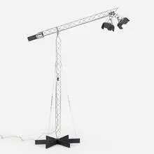 Crane floor lamp by C. Jeré, c. 1977, chrome-plated steel, enameled steel, steel wire, sold Apr 2022