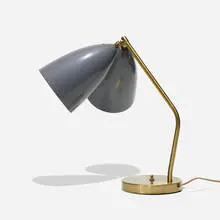 Table lamp by Greta Magnusson Grossman, c. 1948, brass, enameled aluminum, sold Feb 2022