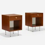 Thin Edge nightstands model 5707, pair by George Nelson & Associates, 1952, walnut, aluminum, enameled steel, sold Feb 2022