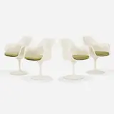 Eero Saarinen, Tulip dining chairs model 150, set of four, 1956 / 1984, molded fiberglass, enameled aluminum, upholstery