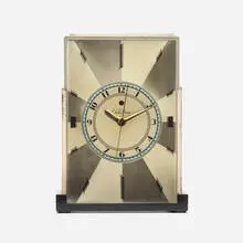Modernique table clock, model 431A by Paul Theodore Frankl, 1928, chrome, steel, plastic, glass, brass, enameled metal, sold Feb 2022