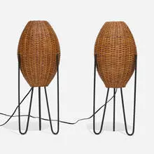 Paul Mayén, Table lamps, pair, c. 1965, wicker, enameled steel