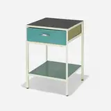 Steelframe nightstand, model 4051 by George Nelson & Associates, 1950, enameled steel, lacquered wood, laminate, chrome-plated brass, sold Feb 2022