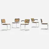 Marcel Breuer, Cesca dining chairs, set of five, chrome-plated steel, lacquered wood, cane, plastic