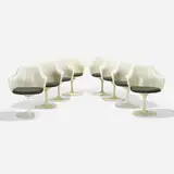 Eero Saarinen, Tulip armchairs model 150, set of eight, 1956 / 1973, lacquered fiberglass, enameled aluminum, upholstery