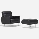 Lounge chair model 5484, and ottoman by George Nelson & Associates, 1954, naugahyde, aluminum, sold Feb 2022