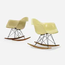 Charles and Ray Eames, RARs, pair, 1950, molded fiberglass with rope edge, birch, enameled steel