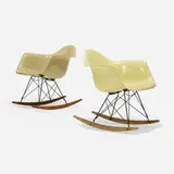 RARs, pair by Charles and Ray Eames, 1950, molded fiberglass with rope edge, birch, enameled steel, sold Feb 2022