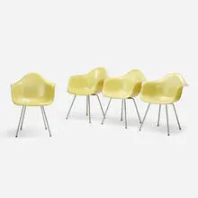 DAXs, set of four by Charles and Ray Eames, 1950, molded fiberglass with rope edge, zinc-plated steel, rubber, sold Feb 2022