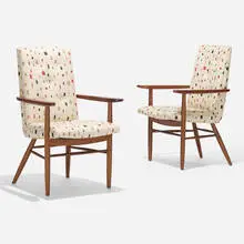 Origins armchairs, pair by George Nakashima, 1958, walnut, upholstery, sold Feb 2022