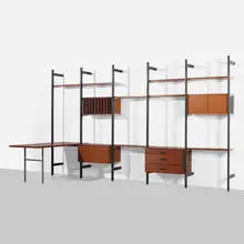 George Nelson & Associates, CSS (Comprehensive Shelving System), 1959, walnut, enameled aluminum, aluminum, enameled steel, matte chrome-plated steel, plastic