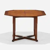 Octagonal dining table, model 5721 by Edward Wormley, c. 1965, walnut, rosewood inlay, leather, brass, sold Feb 2022