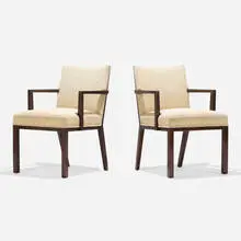 Armchairs model 6337, pair by Edward Wormley, c. 1950, mahogany, cotton blend upholstery, sold Feb 2022
