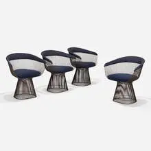 Warren Platner, Chairs, set of four, bronze-plated steel, upholstery