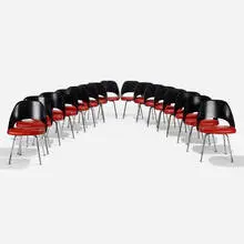 Eero Saarinen, Dining chairs model 72, set of sixteen, chrome-plated steel, molded fiberglass, vinyl