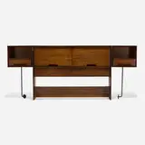 Milo Baughman, Full-size headboard, c. 1955, mahogany, enameled steel, plastic