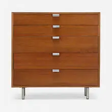 Cabinet, model 4620 by George Nelson & Associates, 1946, walnut, aluminum, chrome-plated brass, sold Feb 2022