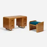 Paul Goldman, Vanity and stool, c. 1945, walnut plywood, mohair