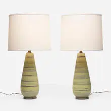 Design-Technics, Table lamps, pair, c. 1955, glazed earthenware, brass