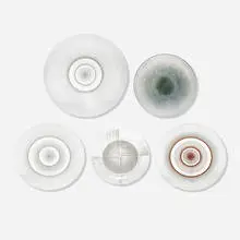 Collection of five vessels by Maurice Heaton, 1930-1938, enameled glass, sold Feb 2022