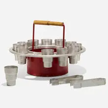 Russel Wright, Rare Ballyhoo ice bucket set, c. 1930, spun aluminum, enameled steel, bamboo
