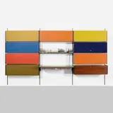 Action Office storage system by George Nelson & Associates, c. 1965, aluminum, enameled aluminum, enameled steel, laminate, walnut veneer, rubber, vinyl, fabric, plastic, sold Feb 2022
