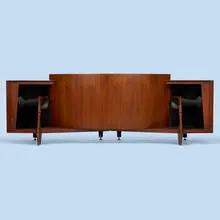 Arnold Wolf and Richard Ranger, Paragon speaker, model D44000, serial no. 46543, 1957, walnut, brass, enameled steel, cloth