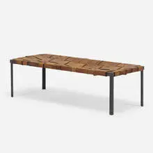 Bench by Lila Swift and Donald Monell, c. 1955, leather, wrought iron, sold Feb 2022