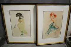 Léonor Fini, Two works: La Fanfarlo 9 and Danseus, circa 1960s circa, The right print features a nude or semi-nude figure with bright red/orange hair, draped in a vibrant blue fabric