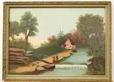 American Folk Artist, Figures in Landscape, Oil on board