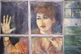 American School, Woman looking out a window, Oil on canvas