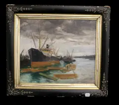 Harbor Scene with a Large Cargo Ship by Emile Albert Gruppe, Oil on board, sold Oct 2025