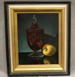 American School, Lidded Ornate Glass Compote and an Apple, 1969, Oil on canvas