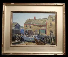 Charles Curtis Allen, Rockport's scene with fishing shacks and boats, Oil on canvas