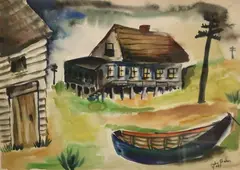 Judith Shahn, "Docked row boat by dwelling", 1947, Watercolor on paper