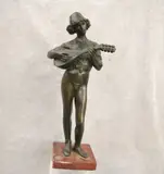 Paul Dubois, Standing Figure Playing a Lute, Patinated bronze sculpture presented on a granite base. - Height: 14 inches The lifelong collection of Bernie Delia