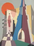 French School, Parisian Woman and Eiffel Tower, Oil on board featuring a woman in a red dress and hat walking through a doorway with a checkered floor, with a large red sun and geometric shapes in the background