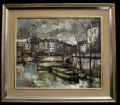 F. Doumerque, View of Ile de la Cite from the Seine, Oil on canvas