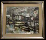 F. Doumerque, View of Ile de la Cite from the Seine, Oil on canvas