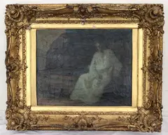 Henry Ossawa Tanner, The Visitor, Oil on canvas with a dark, somber palette, dominated by deep blues, grays, and black